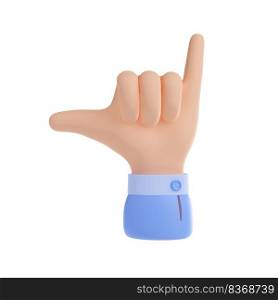 Surfers shaka hand gesture, hang loose sign. Icon of fist with two fingers, call me symbol or surf greeting gesture, 3d render illustration isolated on white background. Surfers shaka hand gesture, 3d hang loose sign