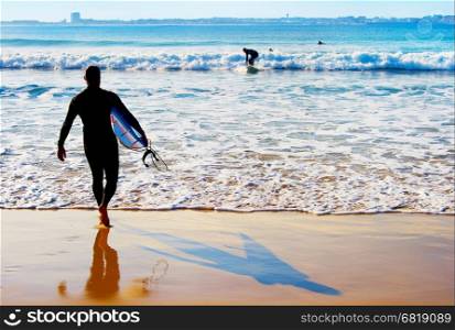 Surfing in the Atlanctic ocean. Baelal, Portugal