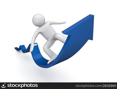 Surfing on a blue arrow of success (3d isolated characters on white background, business and finance series)