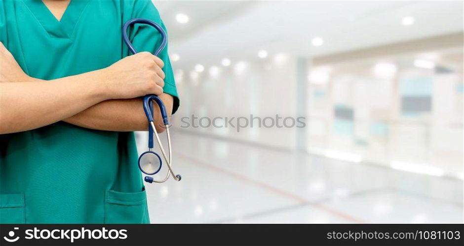 Surgeon doctor standing in hospital. Medical healthcare staff and doctor service.