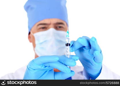 surgeon&rsquo;s hands holding the syringe with vaccine - white background