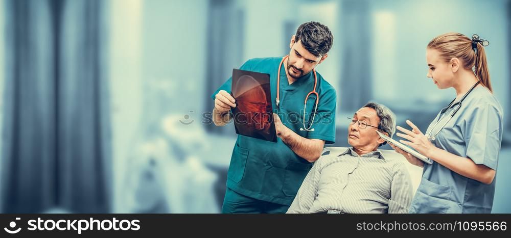 Surgeon showing xray film to senior patient looking at brain injuries with nurse standing beside the surgeon at the hospital room. Medical healthcare and surgical doctor service concept.