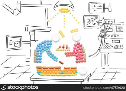 Surgery team operating in a surgical room made of drugs and pills, on sketchy background.