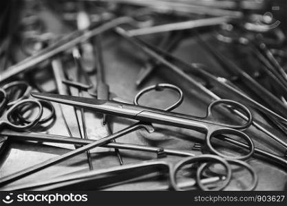 Surgical instruments black and white close-up