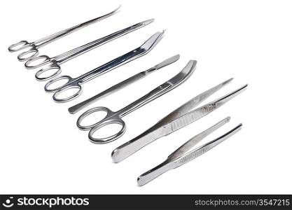 Surgical tools - scalpel, forceps, clamps, scissors - isolated on white background