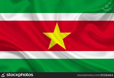 Suriname country flag on wavy silk fabric panorama background - illustration. Suriname country flag on wavy silk fabric panorama background