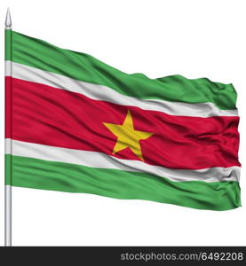 Suriname Flag on Flagpole , Flying in the Wind, Isolated on White Background