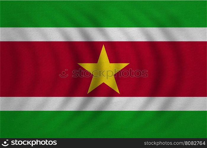 Surinamese national official flag. Patriotic symbol, banner, element, background. Correct colors. Flag of Suriname wavy with real detailed fabric texture, accurate size, illustration