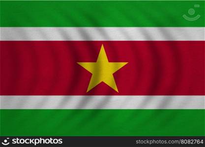 Surinamese national official flag. Patriotic symbol, banner, element, background. Correct colors. Flag of Suriname wavy with real detailed fabric texture, accurate size, illustration