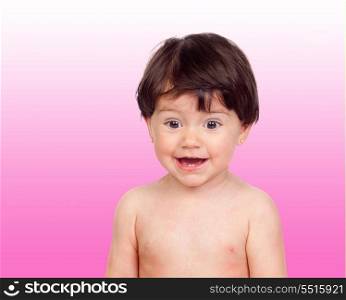 Surprise baby girl isolated on a over pink background