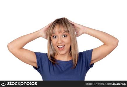 Surprise blond girl isolated on a white background