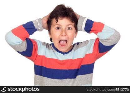 Surprise boy with a striped jersey isolated on a over white background