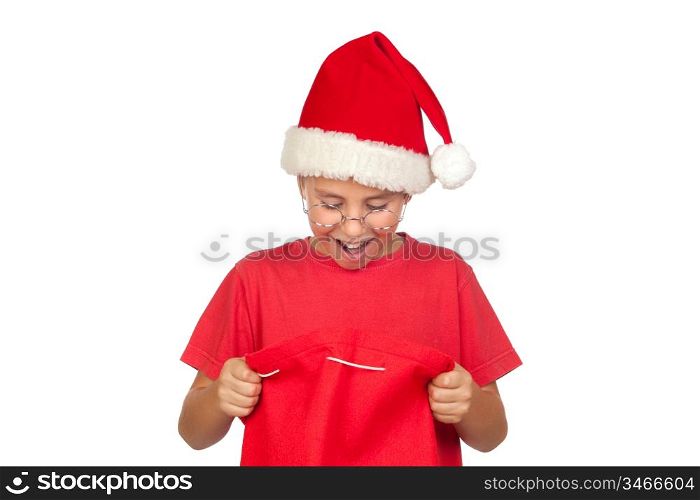 Surprise child with Santa Hat looking in sack isolated on white background