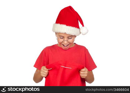 Surprise child with Santa Hat looking in sack isolated on white background