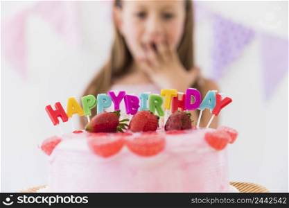 surprise cute girl delicious strawberry birthday cake