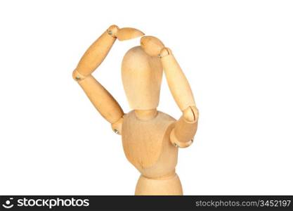 Surprise jointed wooden mannequin isolated on white background