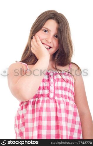 surprised and adorable little girl portrait smiling in a pink top (isolated on white background)