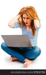 Surprised and frightened woman with a laptop