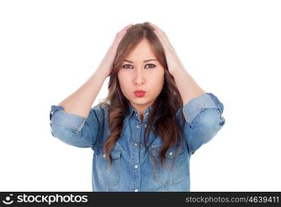 Surprised and worried young woman isolated on a white background