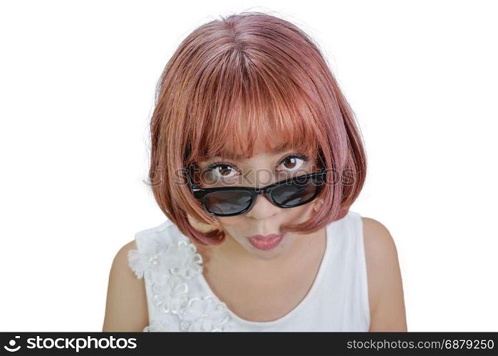 Surprised Asian woman with pink shot hair looking you above eyeglasses, isolated on white with clipping path.
