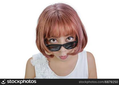 Surprised Asian woman with pink shot hair looking you above eyeglasses, isolated on white with clipping path.