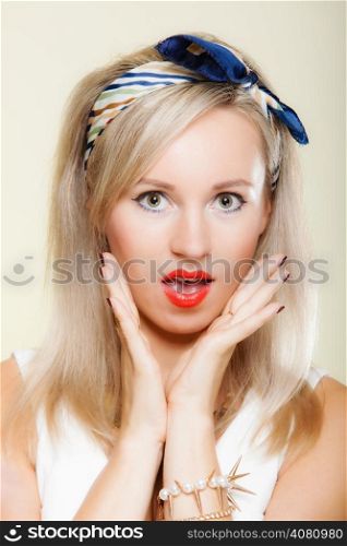 Surprised astonished woman face, blonde girl retro style open mouth facial wow expression