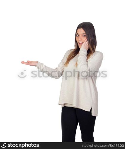 Surprised attractive girl with extended hand isolated on a white background