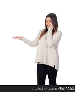 Surprised attractive girl with extended hand isolated on a white background