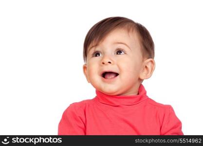 Surprised baby girl looking up isolated on white background