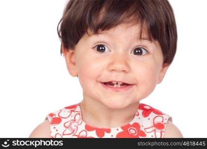 Surprised baby girl with only four teeth isolated on a white background