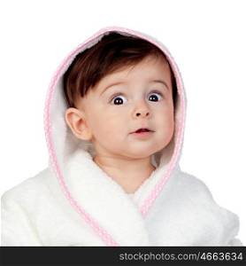 Surprised baby with bathrobe isolated on white background