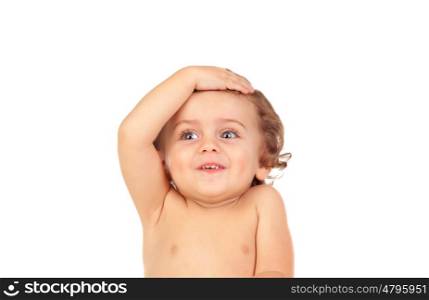 Surprised baby with blue eyes isolated on a white background