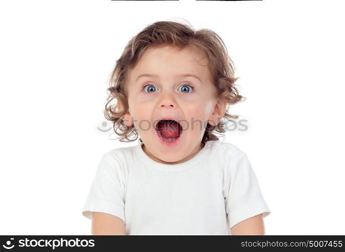 Surprised baby with blue eyes isolated on a white background