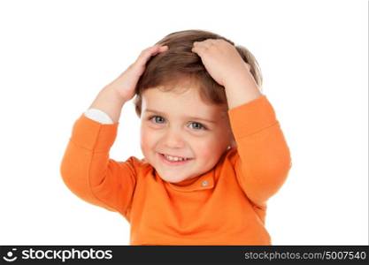 Surprised baby with his hands on the head isolated on a white background