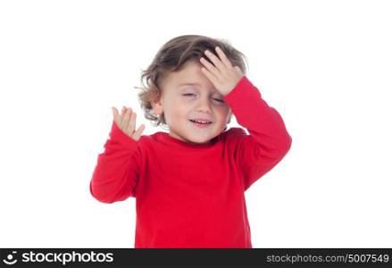 Surprised baby with his hands on the head isolated on a white background