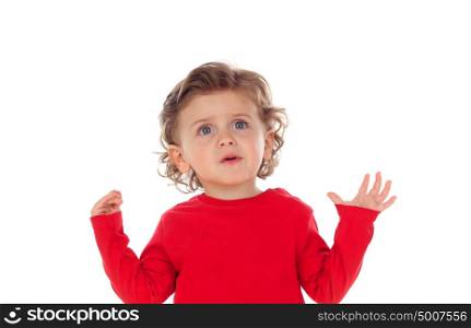 Surprised baby with his hands raised isolated on a white background