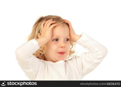 Surprised blond child with blue eyes isolated on a white background