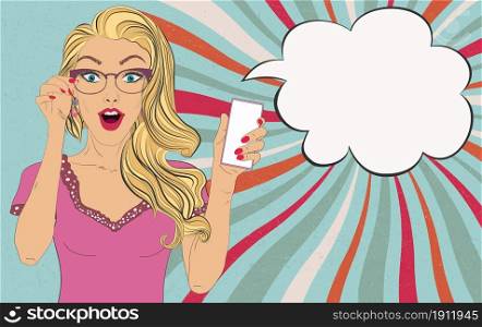 Surprised blonde female pretty naive woman with open mouth in pop art comic style holding a mobile phone for advertising or sales. Speech bubble copy space. Vintage retro style poster