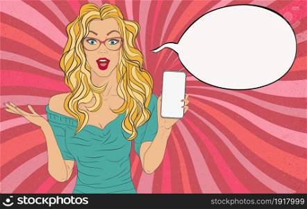 Surprised blonde female pretty naive woman with open mouth in pop art comic style holding a mobile phone for advertising or sales. Speech bubble copy space. Vintage retro style poster