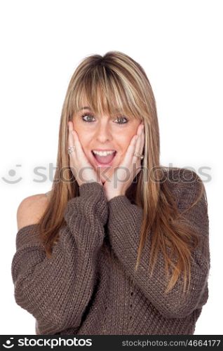 Surprised blonde girl isolated on white background