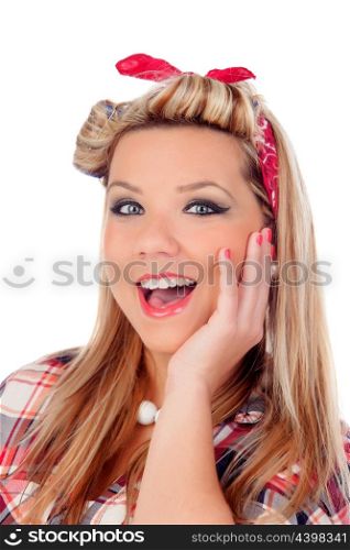 Surprised blonde girl with blue eyes in pinup style isolated on a white background