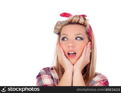 Surprised blonde girl with blue eyes in pinup style isolated on a white background