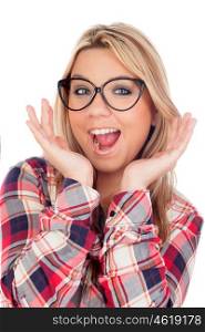 Surprised Blonde Girl with glasses isolated on a white background