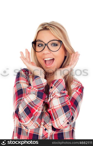 Surprised Blonde Girl with glasses isolated on a white background