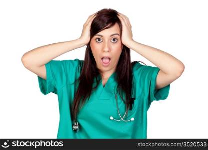 Surprised brunette doctor isolated on a over white background