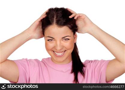 Surprised brunette girl laughing isolated on white background