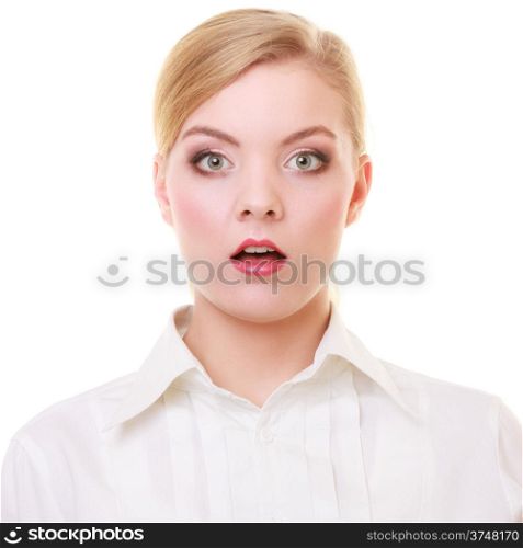 Surprised business woman face over white background. Blonde girl wide eyed open mouth, emotional portrait.