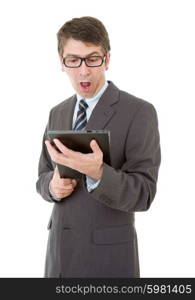 surprised businessman using touch pad of tablet pc, isolated