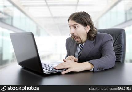 surprised businessman working with is laptop at the office