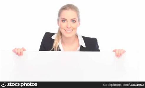 Surprised Businesswoman Holding Board